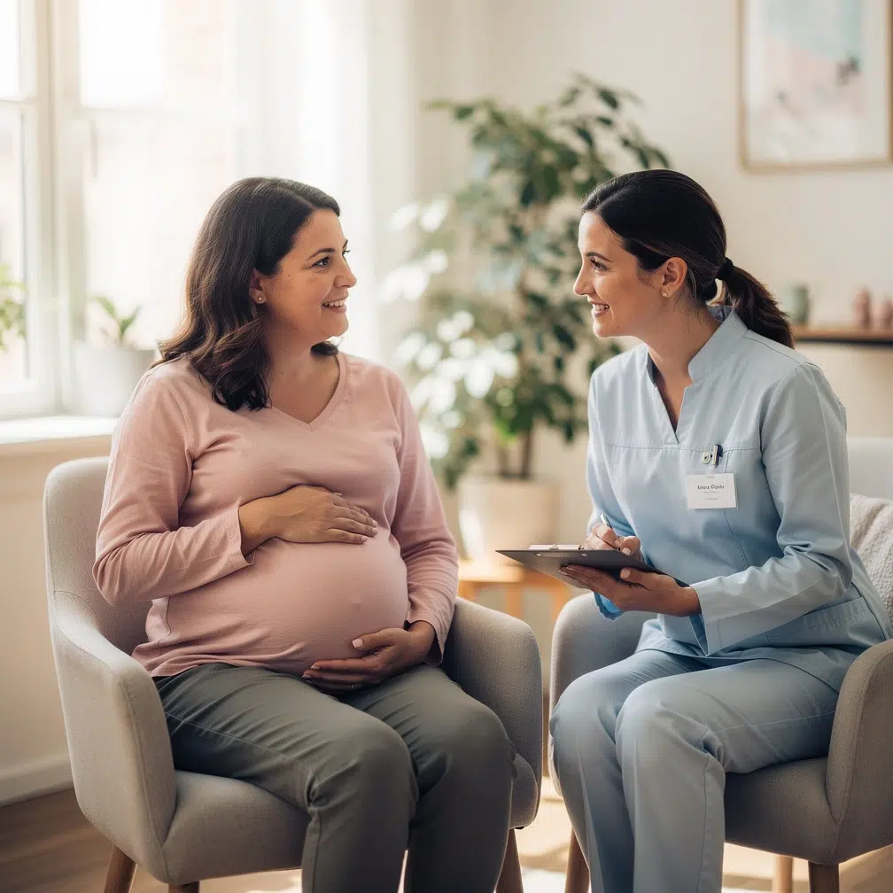 Sage-femme échangeant avec une femme enceinte lors d'un entretien prénatal précoce